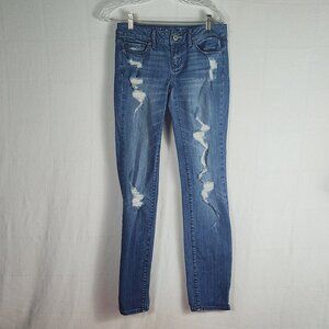 American Eagle Medium Wash Cotton Span Skinny Stretch Distressed Jean Size 4 Reg